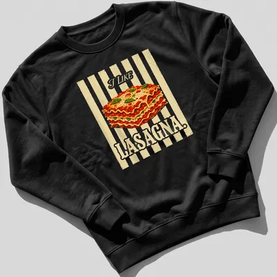 Vintage illustration t-shirt featuring lasagna with the text I LIKE LASAGNA. — printed on a unisex sweatshirt
