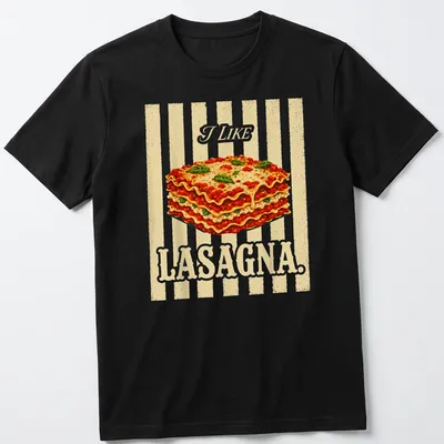 Vintage illustration t-shirt featuring lasagna with the text I LIKE LASAGNA.