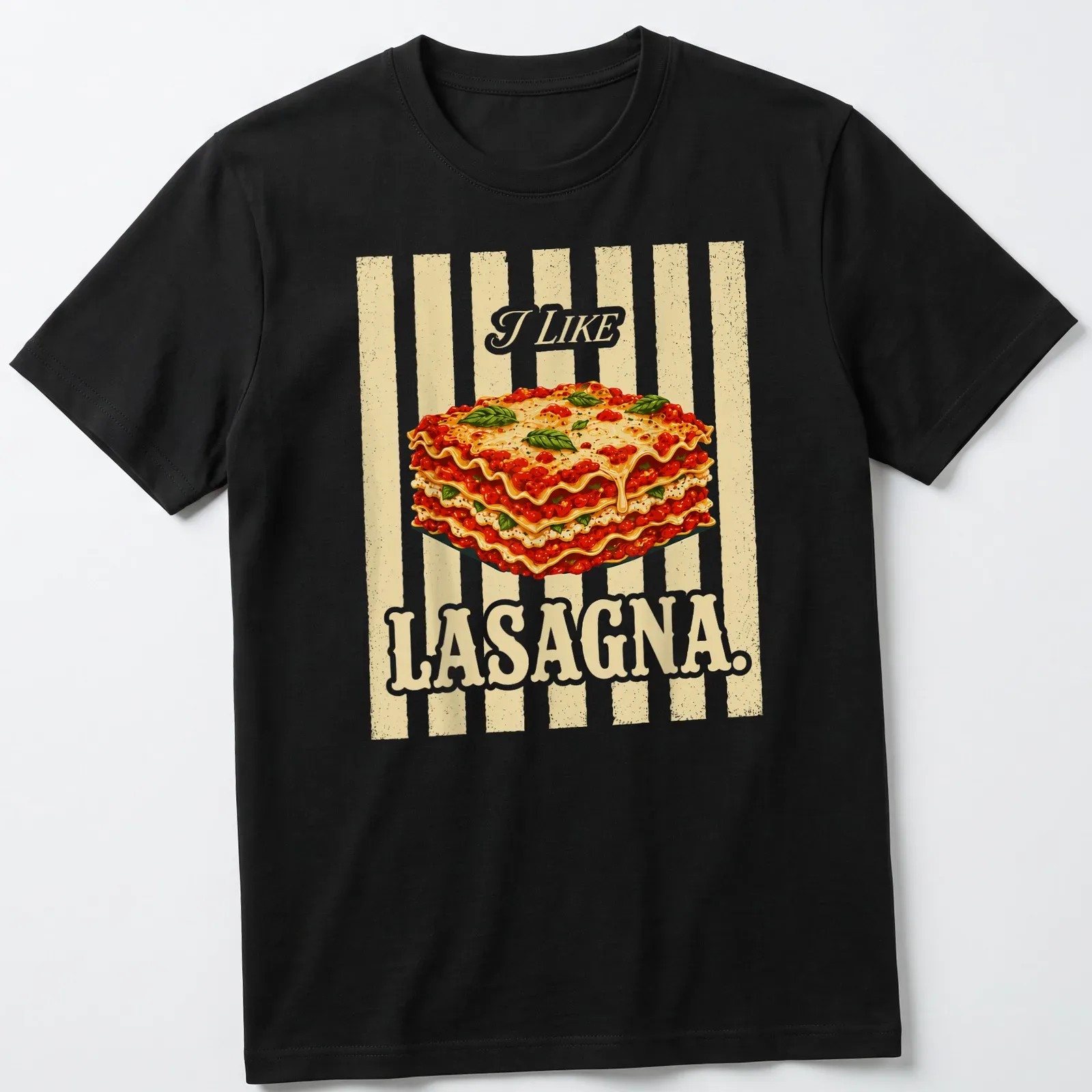 Vintage illustration t-shirt featuring lasagna with the text I LIKE LASAGNA. — printed on a unisex t-shirt