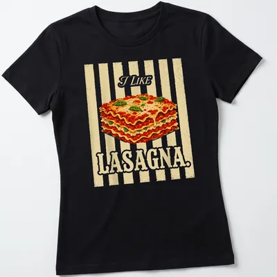 Vintage illustration t-shirt featuring lasagna with the text I LIKE LASAGNA. — printed on a women's shirt