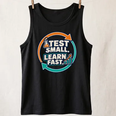 Bold graphic tee with 'TEST SMALL. LEARN FAST.' and laboratory flask illustration — printed on a tank top