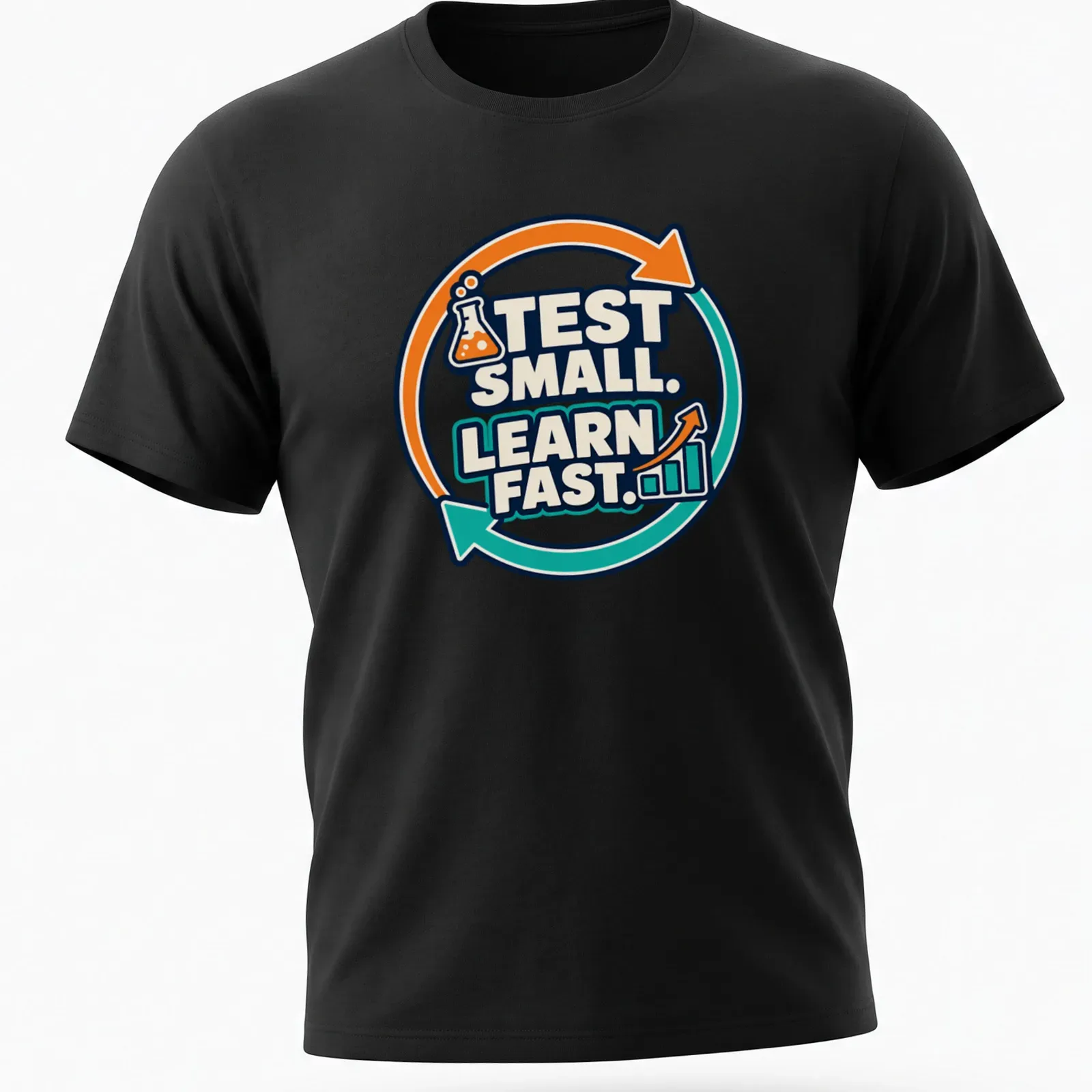 Bold graphic tee with 'TEST SMALL. LEARN FAST.' and laboratory flask illustration — printed on a unisex t-shirt