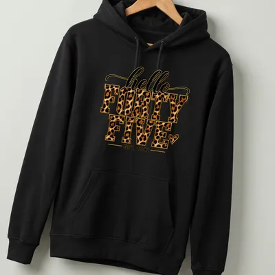 Leopard print text reading 'hello FORTY FIVE EST. 1981' in bold colors. — printed on a unisex hoodie