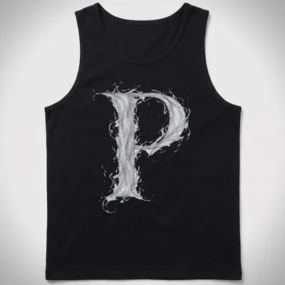 Letter P designed in ethereal smoke effect in gray and white tones — printed on a tank top