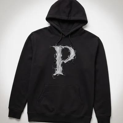 Letter P designed in ethereal smoke effect in gray and white tones — printed on a unisex hoodie