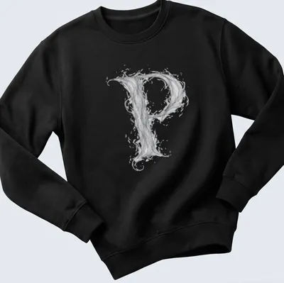 Letter P designed in ethereal smoke effect in gray and white tones — printed on a unisex sweatshirt