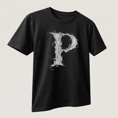 Letter P designed in ethereal smoke effect in gray and white tones — printed on a unisex t-shirt (angled view)