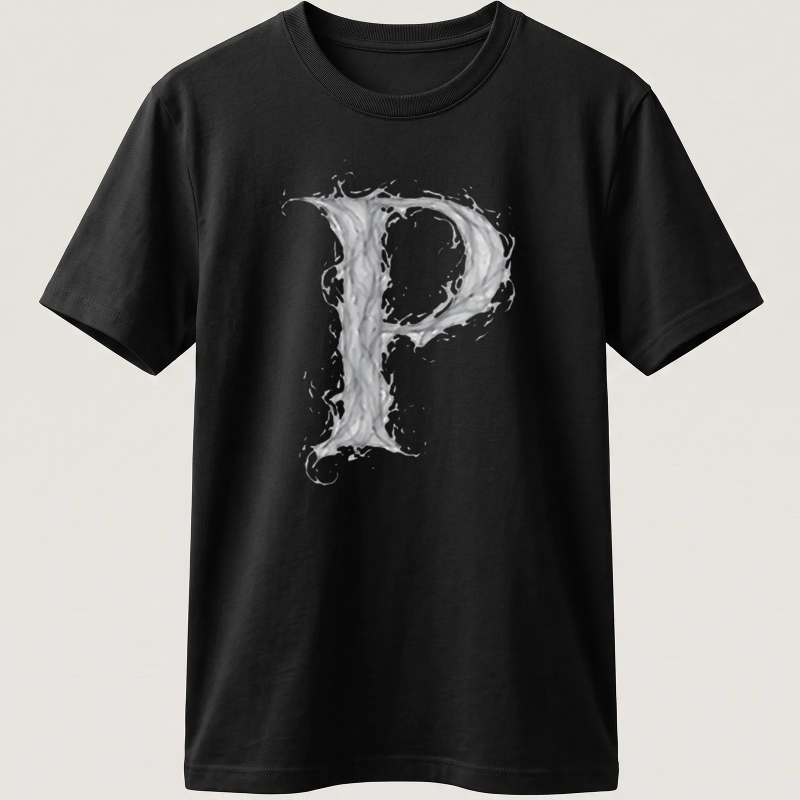 Letter P designed in ethereal smoke effect in gray and white tones — printed on a unisex t-shirt
