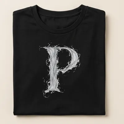 Letter P designed in ethereal smoke effect in gray and white tones — printed on a women's shirt