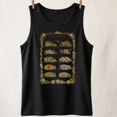 A detailed botanical illustration of various North American lichen species with printed names. — printed on a tank top