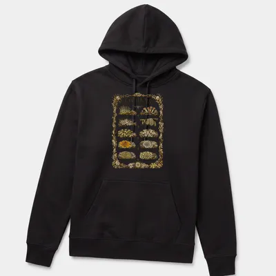 A detailed botanical illustration of various North American lichen species with printed names. — printed on a unisex hoodie