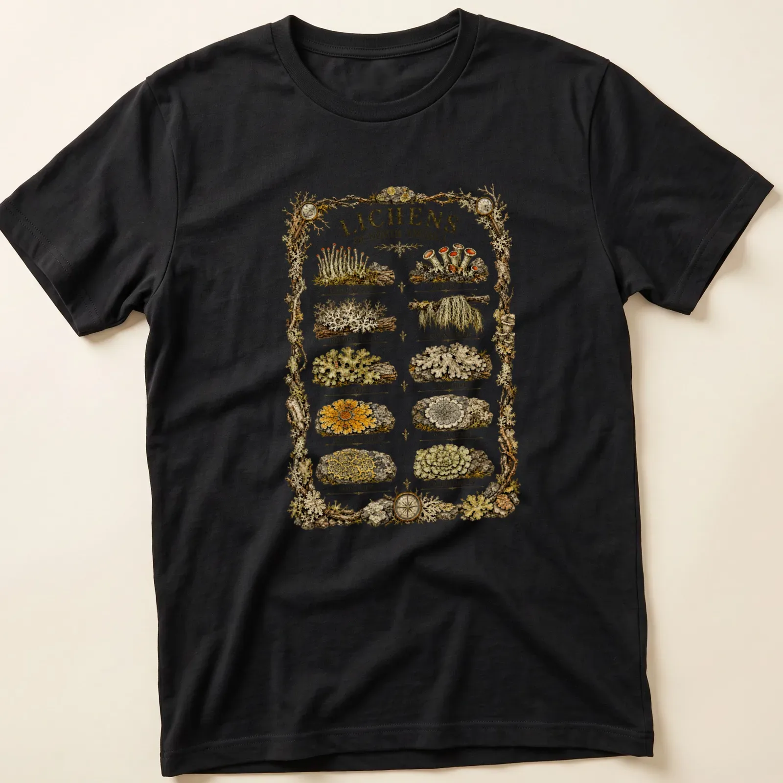 A detailed botanical illustration of various North American lichen species with printed names. — printed on a unisex t-shirt