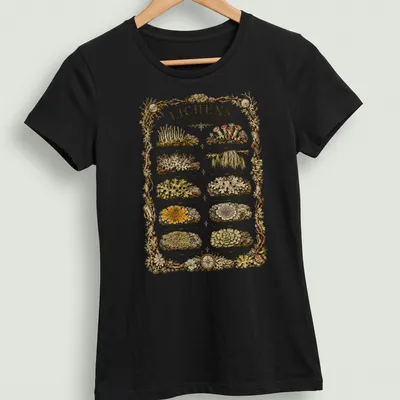 A detailed botanical illustration of various North American lichen species with printed names. — printed on a women's shirt