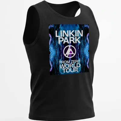 Bold Linkin Park World Tour tee with vibrant blue, black, white, and purple abstract design — printed on a tank top