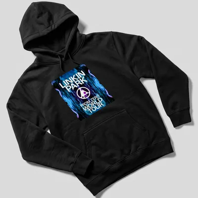 Bold Linkin Park World Tour tee with vibrant blue, black, white, and purple abstract design — printed on a unisex hoodie