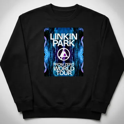 Bold Linkin Park World Tour tee with vibrant blue, black, white, and purple abstract design — printed on a unisex sweatshirt