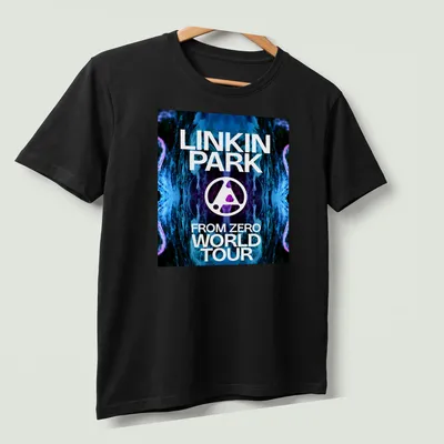 Bold Linkin Park World Tour tee with vibrant blue, black, white, and purple abstract design — printed on a unisex t-shirt (angled view)