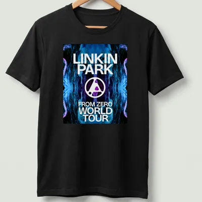 Bold Linkin Park World Tour tee with vibrant blue, black, white, and purple abstract design