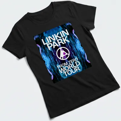 Bold Linkin Park World Tour tee with vibrant blue, black, white, and purple abstract design — printed on a women's shirt