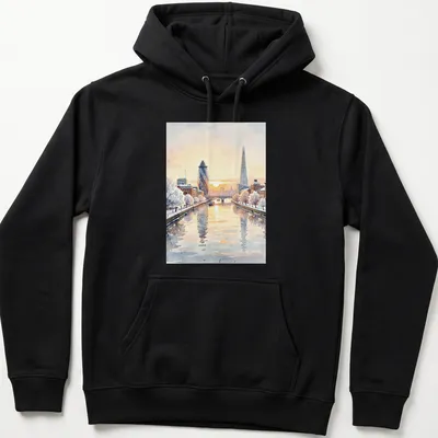 Watercolor illustration of the London skyline featuring The Shard and Gherkin. — printed on a unisex hoodie
