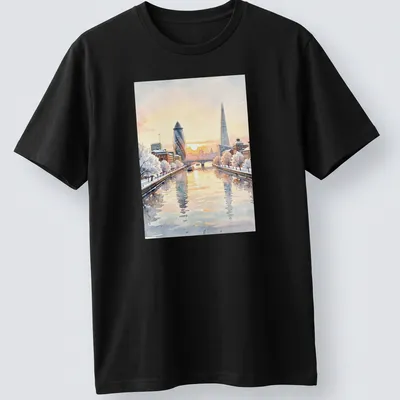 Watercolor illustration of the London skyline featuring The Shard and Gherkin. — printed on a unisex t-shirt