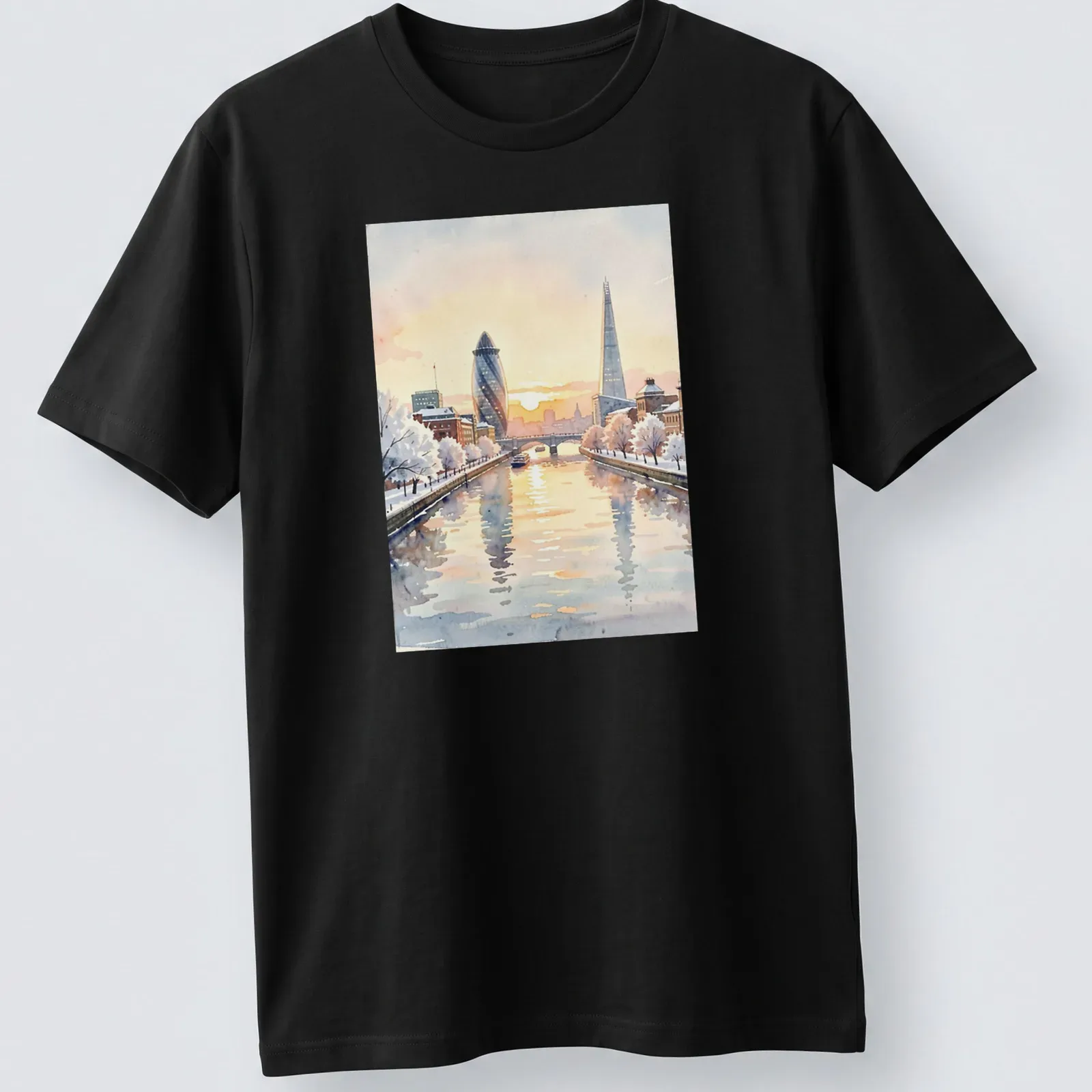 Watercolor illustration of the London skyline featuring The Shard and Gherkin. — printed on a unisex t-shirt