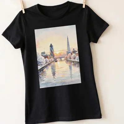 Watercolor illustration of the London skyline featuring The Shard and Gherkin. — printed on a women's shirt