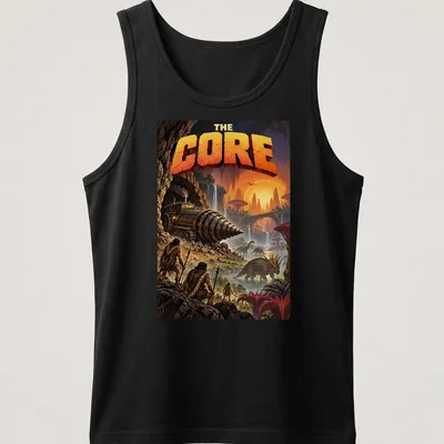 Detailed illustration of a fantasy landscape with dinosaurs and a drilling machine — printed on a tank top