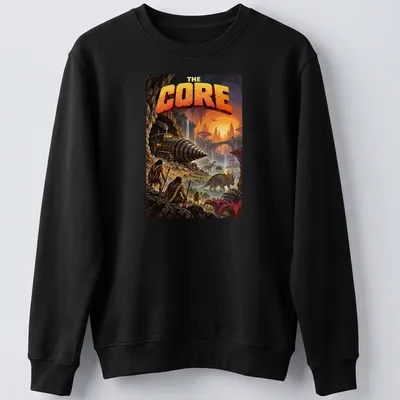 Detailed illustration of a fantasy landscape with dinosaurs and a drilling machine — printed on a unisex sweatshirt
