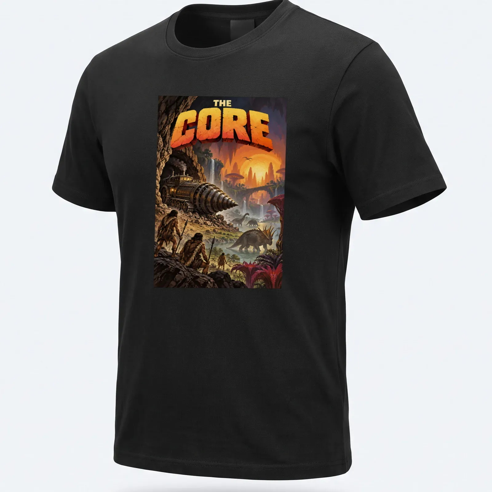 Detailed illustration of a fantasy landscape with dinosaurs and a drilling machine — printed on a unisex t-shirt