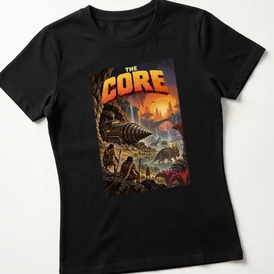 Detailed illustration of a fantasy landscape with dinosaurs and a drilling machine — printed on a women's shirt