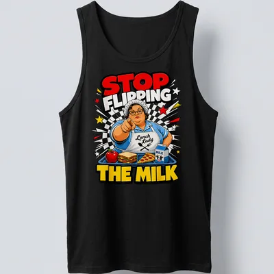 Comic book style Lunch Lady t-shirt with vibrant colors and humorous text — printed on a tank top