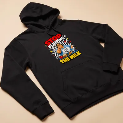 Comic book style Lunch Lady t-shirt with vibrant colors and humorous text — printed on a unisex hoodie