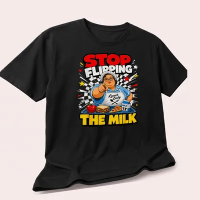 Comic book style Lunch Lady t-shirt with vibrant colors and humorous text — printed on a unisex t-shirt (angled view)