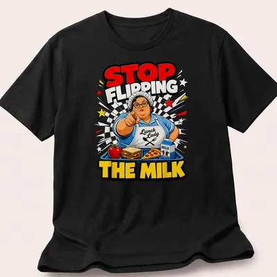 Comic book style Lunch Lady t-shirt with vibrant colors and humorous text