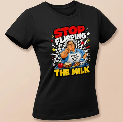 Comic book style Lunch Lady t-shirt with vibrant colors and humorous text — printed on a women's shirt