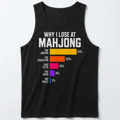 Bold infographic t-shirt about losing at Mahjong with colorful breakdown of reasons. — printed on a tank top