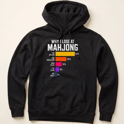 Bold infographic t-shirt about losing at Mahjong with colorful breakdown of reasons. — printed on a unisex hoodie
