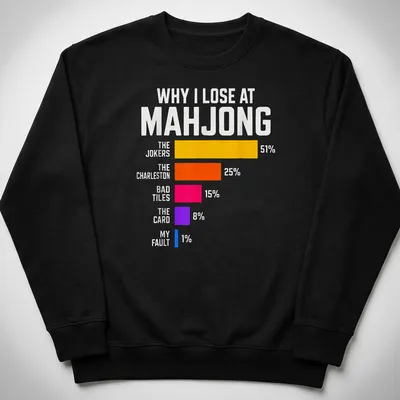 Bold infographic t-shirt about losing at Mahjong with colorful breakdown of reasons. — printed on a unisex sweatshirt