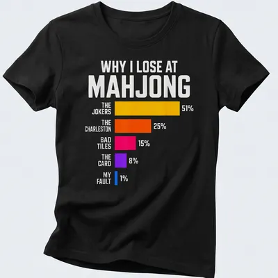 Bold infographic t-shirt about losing at Mahjong with colorful breakdown of reasons. — printed on a women's shirt