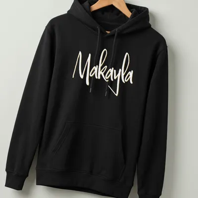 Elegant script t-shirt featuring the name Makayla in gold on white — printed on a unisex hoodie