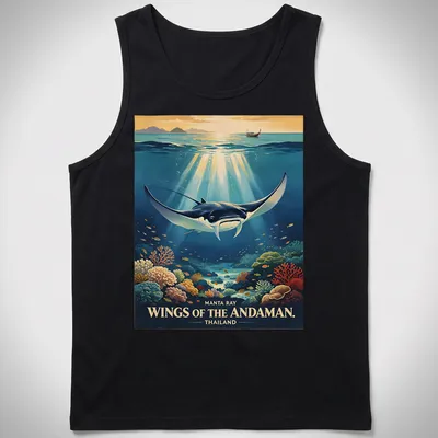 Illustration of a manta ray in a vibrant ocean scene with colorful accents — printed on a tank top