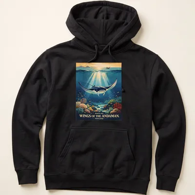 Illustration of a manta ray in a vibrant ocean scene with colorful accents — printed on a unisex hoodie