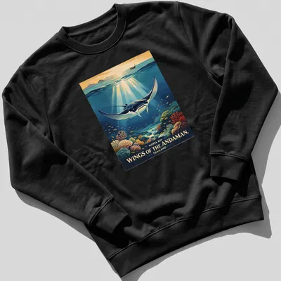 Illustration of a manta ray in a vibrant ocean scene with colorful accents — printed on a unisex sweatshirt