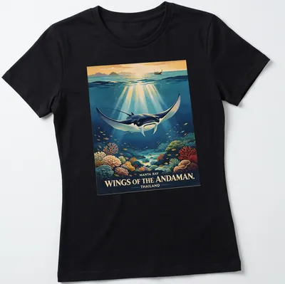 Illustration of a manta ray in a vibrant ocean scene with colorful accents — printed on a women's shirt