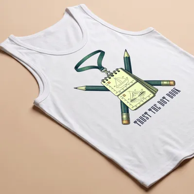 Vintage illustration of a marching band drill book with the text 'TRUST THE DOT BOOK' — printed on a tank top
