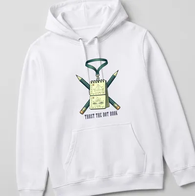 Vintage illustration of a marching band drill book with the text 'TRUST THE DOT BOOK' — printed on a unisex hoodie