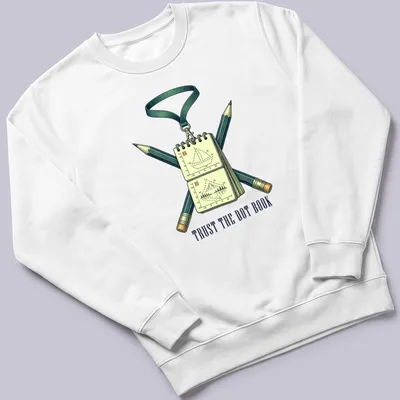 Vintage illustration of a marching band drill book with the text 'TRUST THE DOT BOOK' — printed on a unisex sweatshirt
