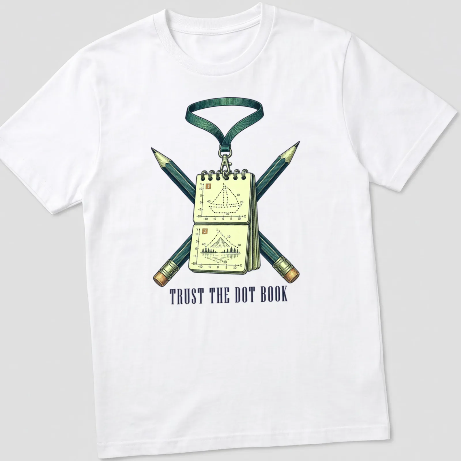Vintage illustration of a marching band drill book with the text 'TRUST THE DOT BOOK' — printed on a unisex t-shirt