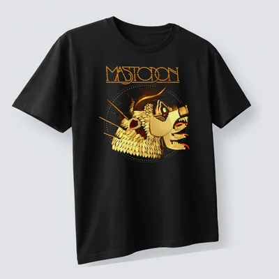 Retro Mastodon t-shirt featuring bold dragon head graphic in vibrant colors — printed on a unisex t-shirt (angled view)